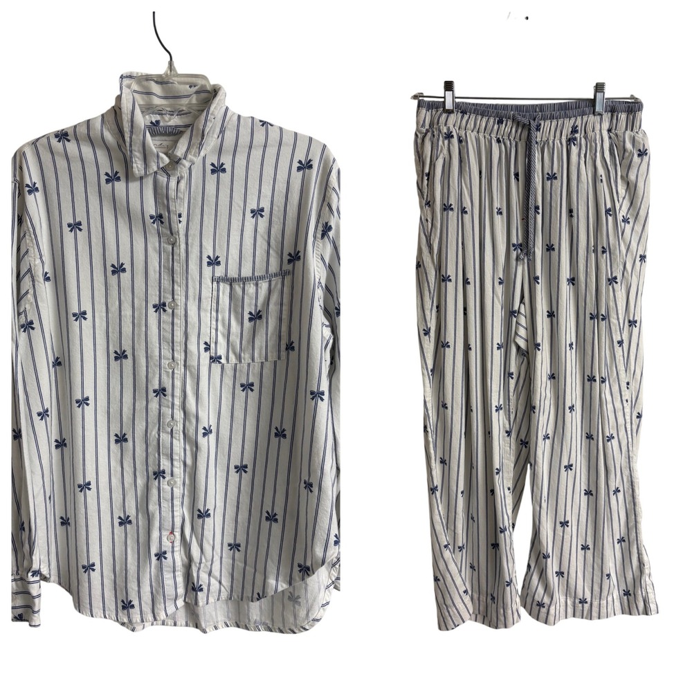 Aerie Blue White Striped Bow Pajama Set M Top L Short Bottoms Cotton Blend